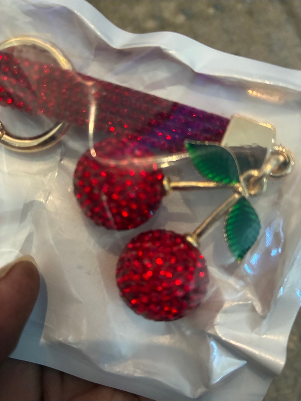 Red Crystal Cherry Keychain with Green Enamel Leaves - Picture 3 of 4
